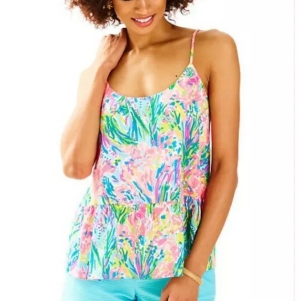 Lilly Pulitzer Sz Large Abena Top in Multi Fan Sea Pants Design